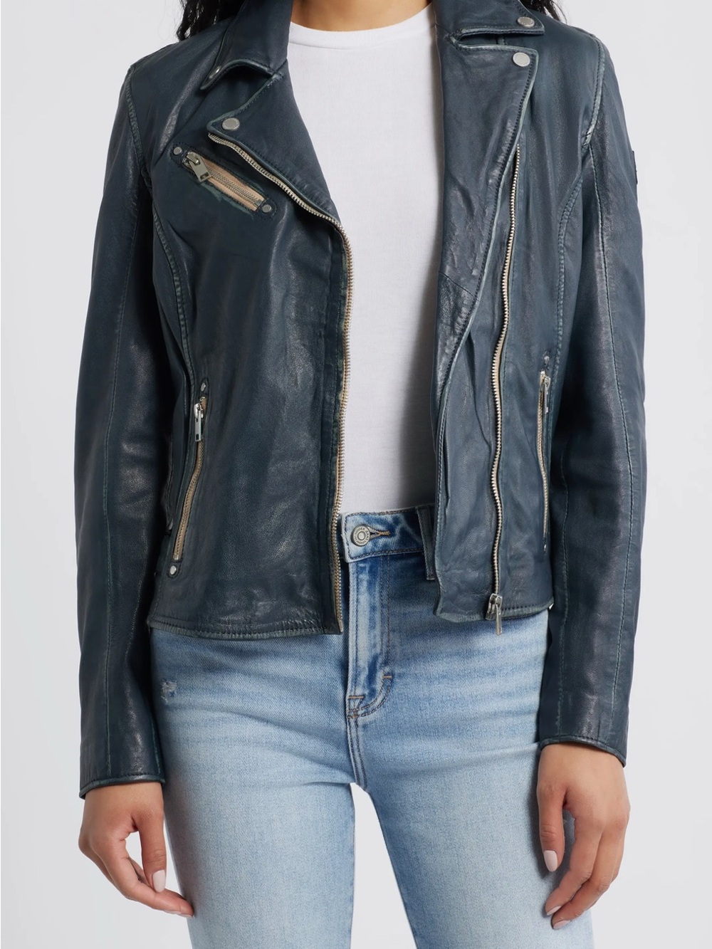 Lambskin Leather Moto Jacket with Silver Zippers